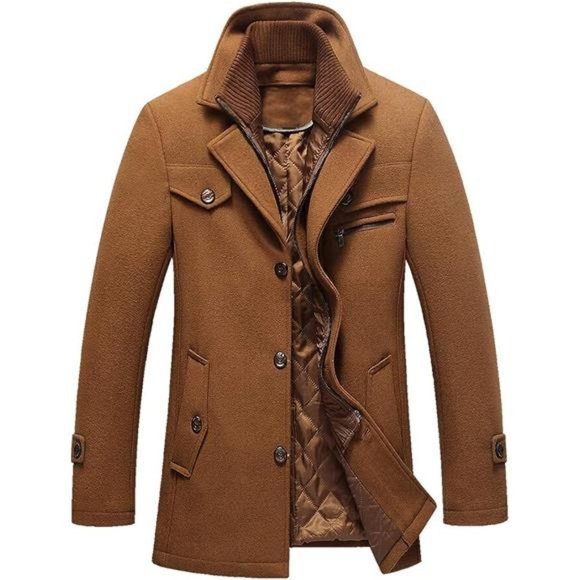 Men's Winter Pea Coat Woolen Trench Coat Single Breasted Short